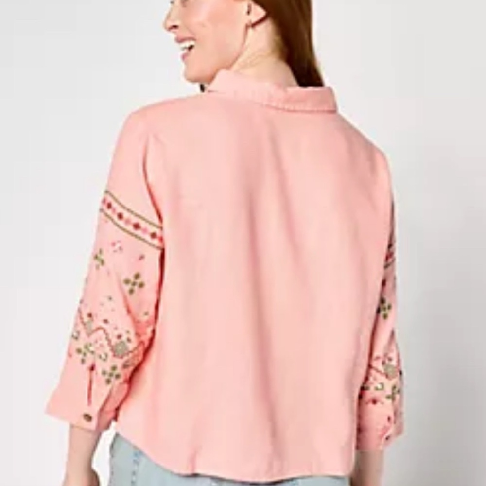 Canyon Retreat Coral Embroidered Linen Top Plus 2X New Button‑Down Roll‑Tab - Picture 7 of 11